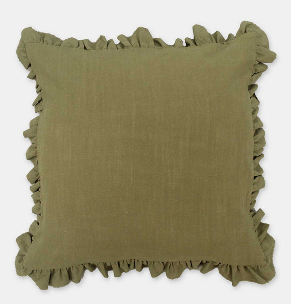 Ruffled Linen Cushion in Khaki – 45 x 45 cm
