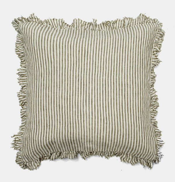 Ruffled Linen Cushion in Olive Stripe – Various Sizes