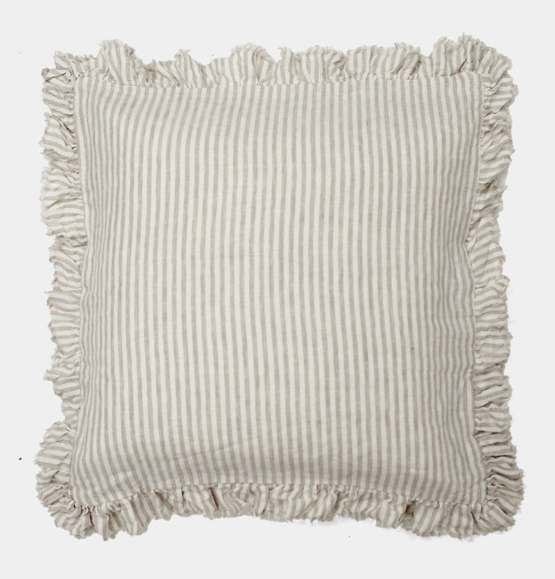 Ruffled Linen Cushion in Beige Stripe – 45 cm