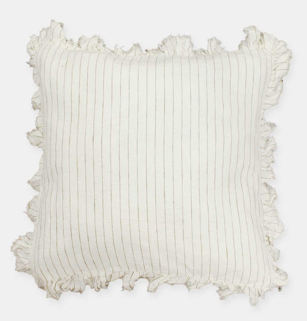 Ruffled Linen Cushion in Thin Olive Stripe – 45 cm