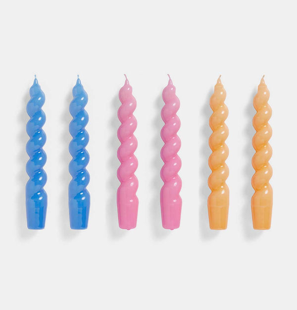 HAY Candle Set of 6 – Spiral – Sky Blue, Dark Pink & Dark Peach