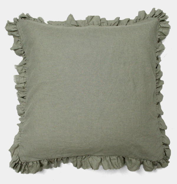 Ruffled Linen Cushion in Dusty Sage – 55 cm