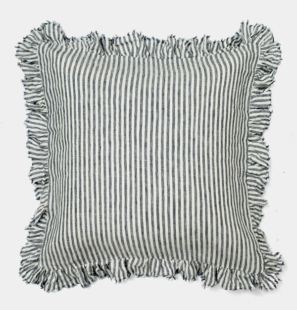 Ruffled Linen Cushion in Navy & Cream Stripe – 45 cm