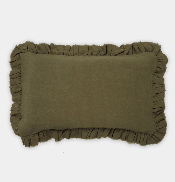 Long Ruffled Linen Cushion in Olive – 50 x 30 cm