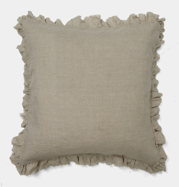 Ruffled Linen Cushion in Beige – 55 cm