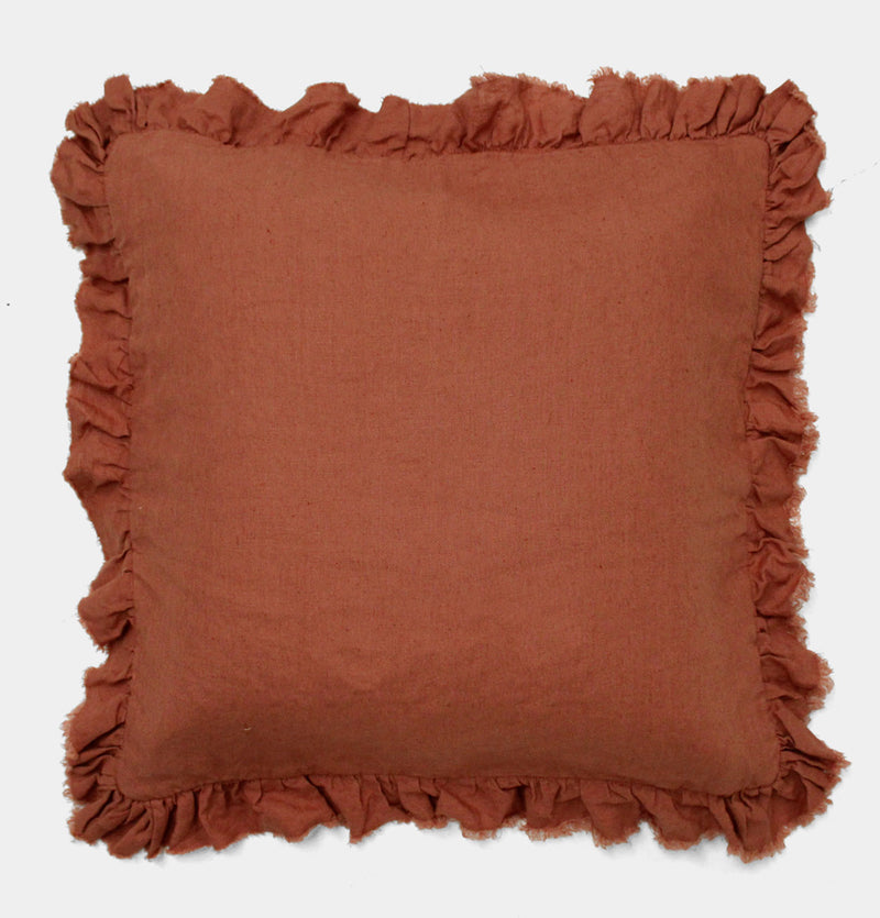 Ruffled Linen Cushion in Terracotta – 45 cm