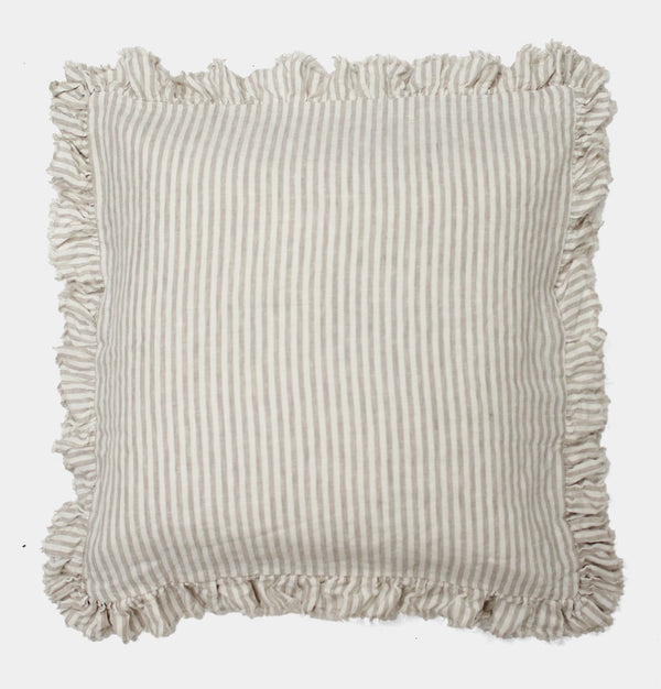 Ruffled Linen Cushion in Beige Stripe – 45 cm