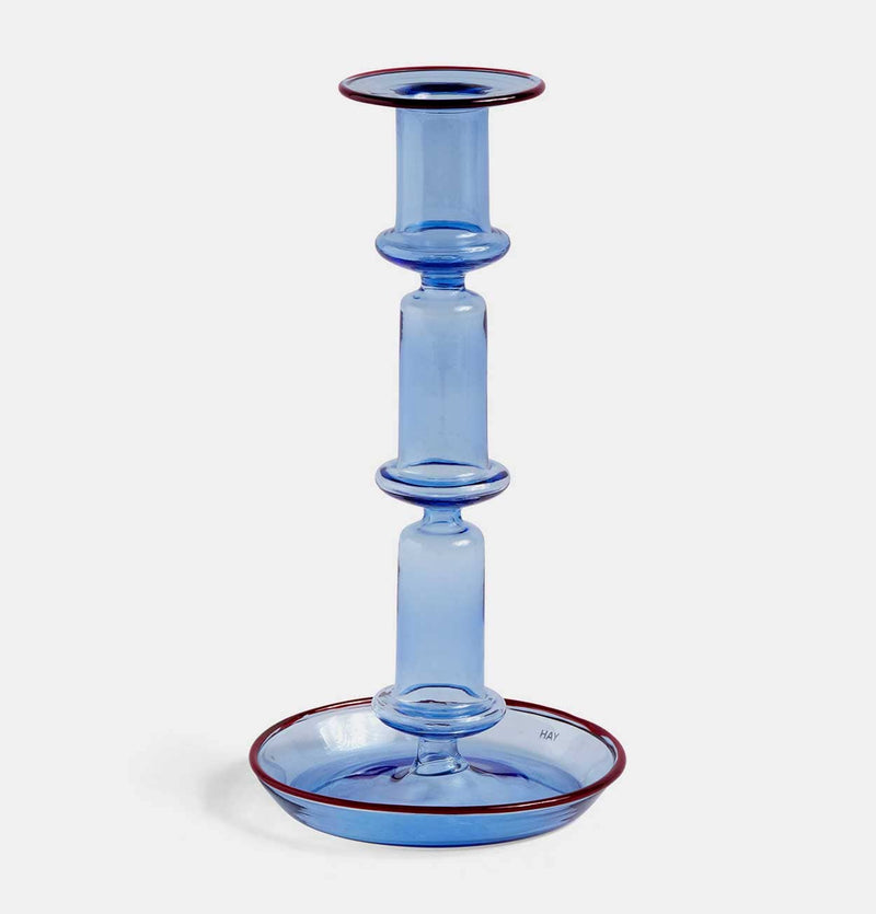 HAY Flare Tall Candle Holder in Light Blue with Red Rim