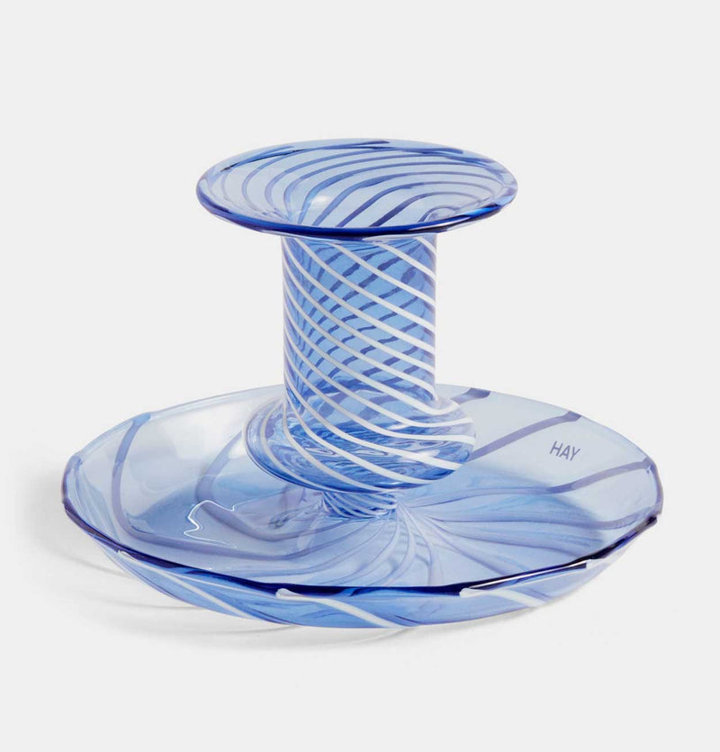 HAY Flare Stripe Candle Holder in Light Blue & White