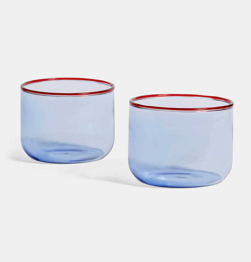 HAY Tint Glass in Light Blue with Red Rim – Set of 2